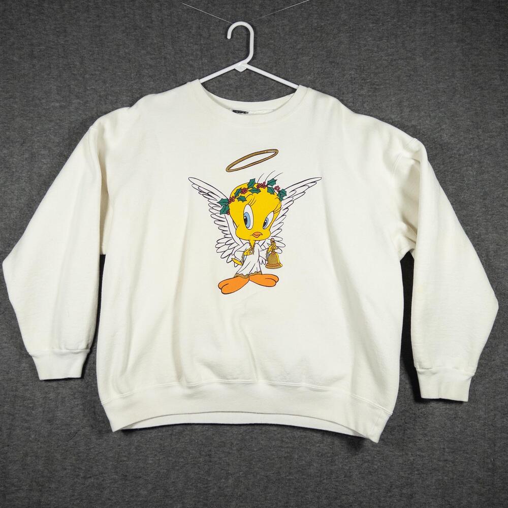 Vintage 1995 Looney Tunes Tweety Bird Angel Christmas Sweatshirt XL White WB 90s